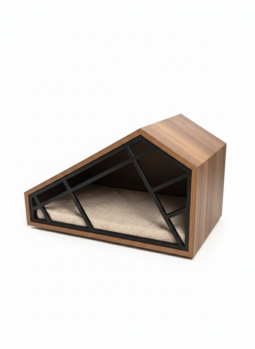 Wooden pet bed with a geometric design on a white background