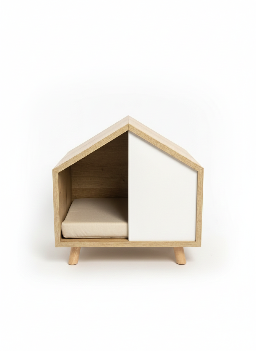 Wooden pet house with a cushion on a white background