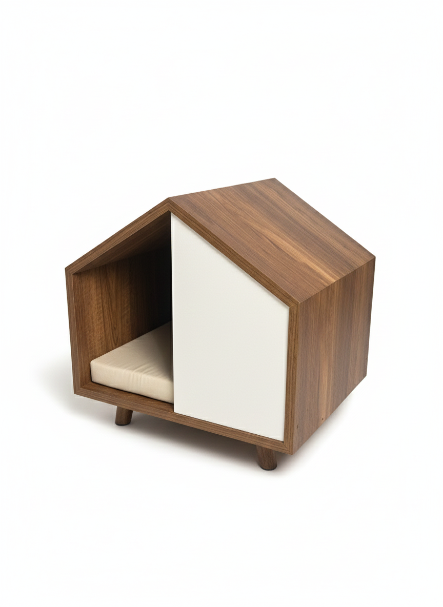 Wooden pet bed with a white cushion on a white background