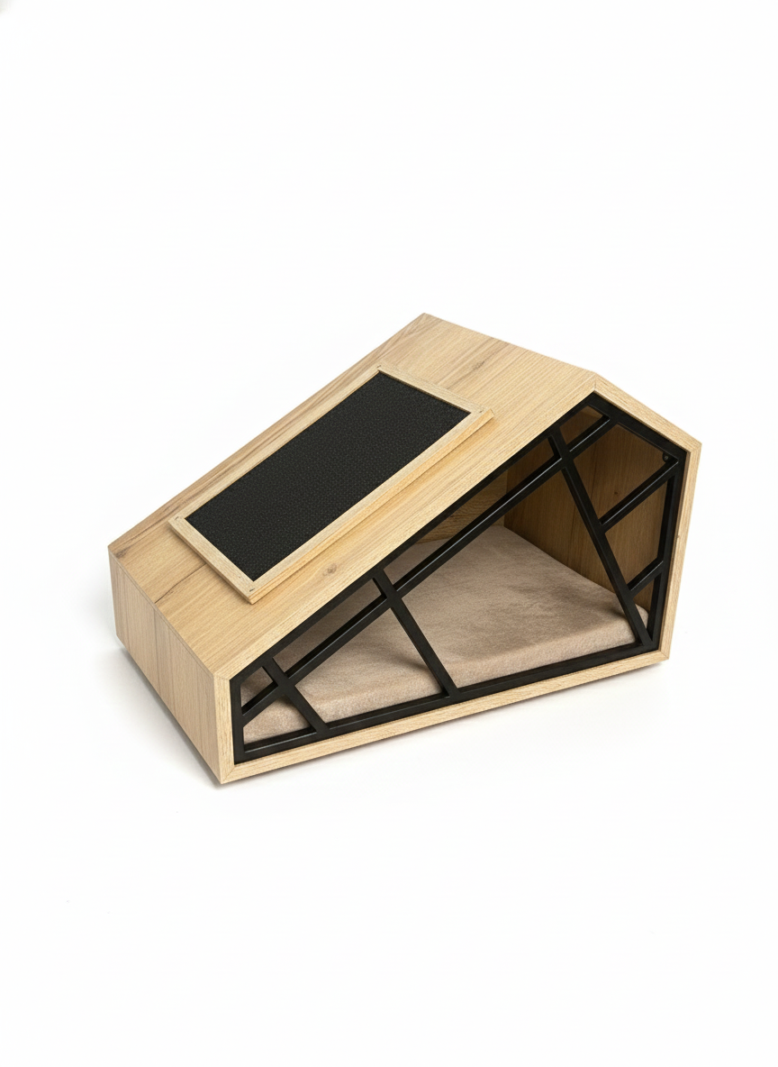 Wooden pet bed with black mesh sides on a white background