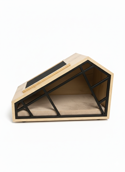 Wooden pet house with black metal frame on a white background