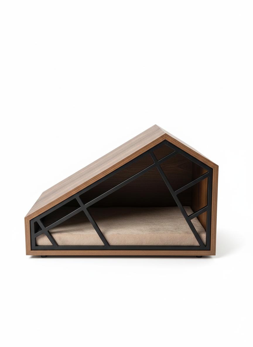 Wooden pet house with metal frame on a white background