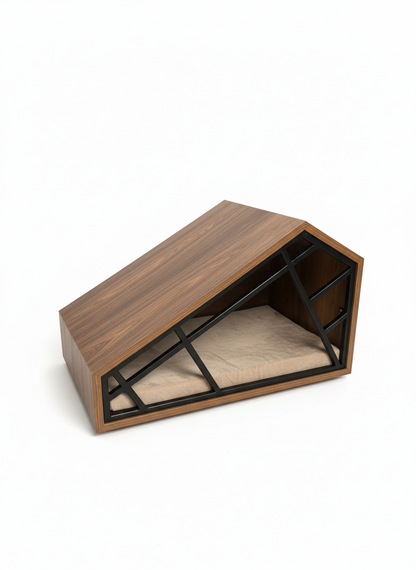 Wooden pet bed with a cushion on a white background