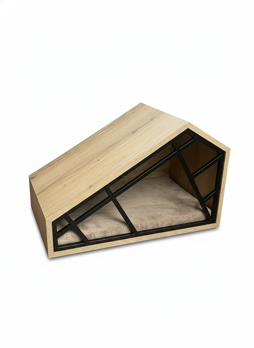 Wooden pet bed with a cushion on a white background