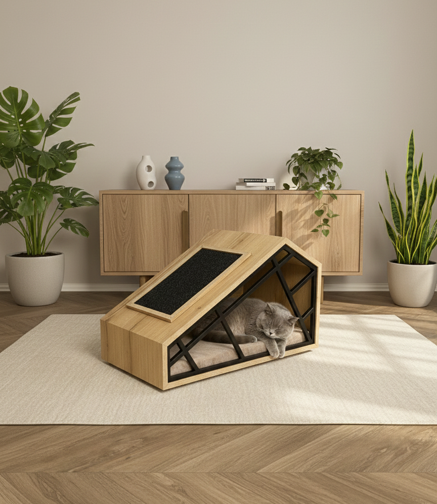 Modern wooden pet bed with a cat inside in a stylish room with plants and furniture.