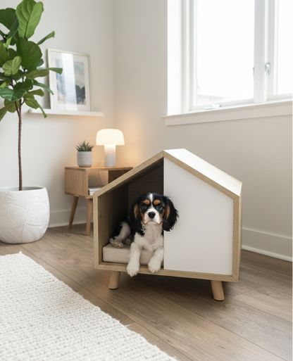Dog inside a modern wooden pet house in a well-lit room with a plant and side table.
